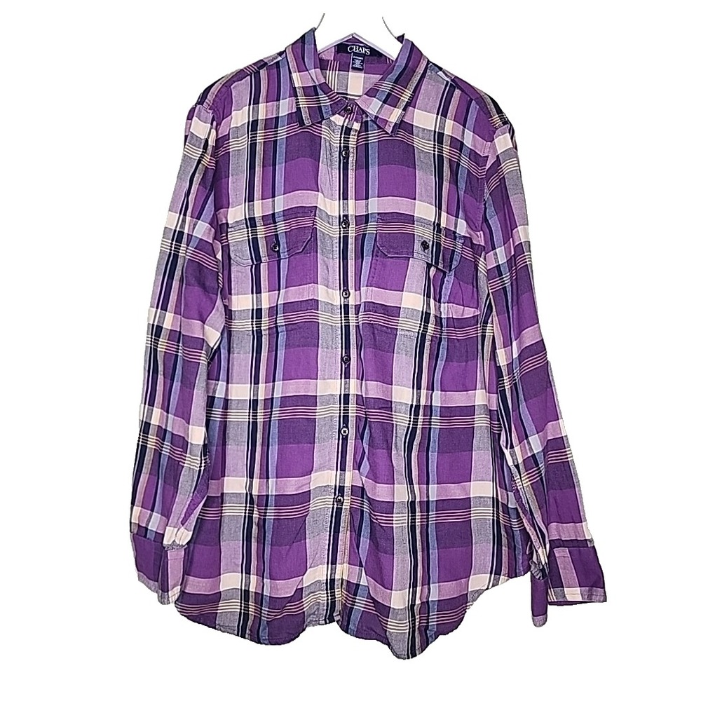 Chaps Button Up Shirt 1X Purple Plaid Long Sleeve Pockets‎ Cotton Casual